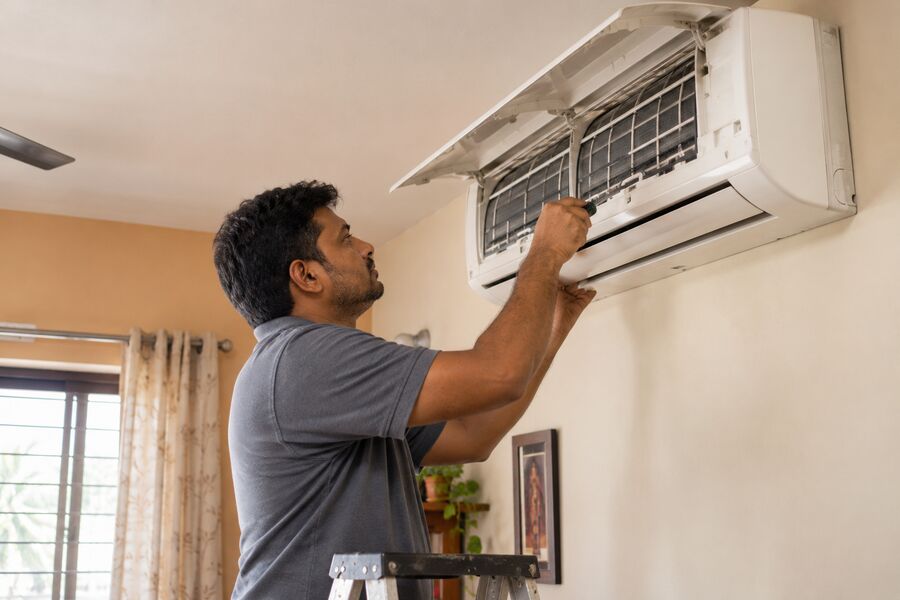 Smart Care Service technician repairing a split AC indoor unit