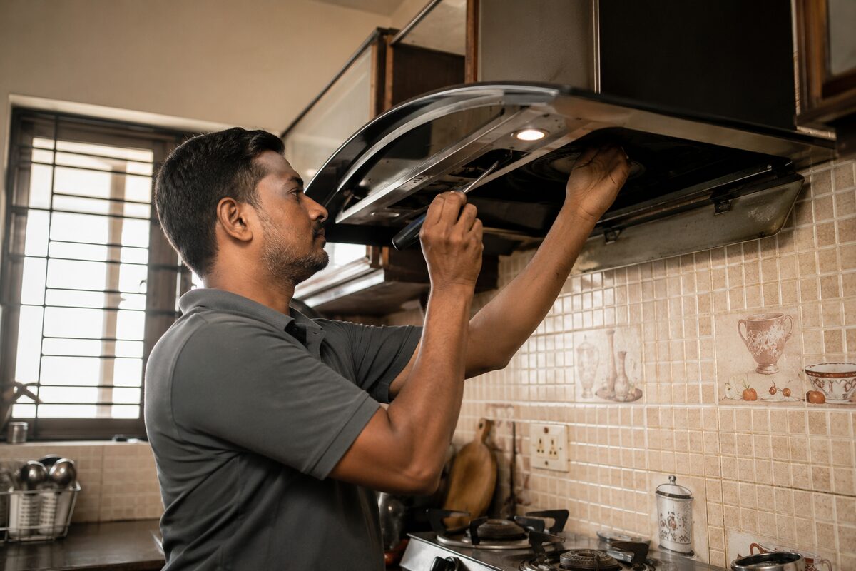 Smart Care Service technician repairing a kitchen chimney