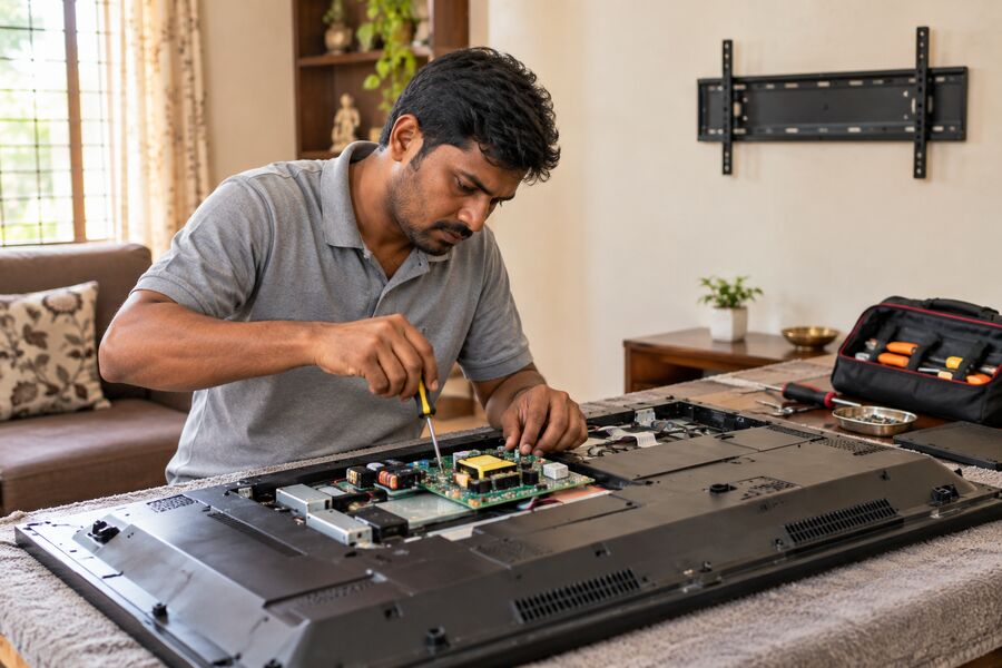Smart Care Service technician repairing a TV circuit board