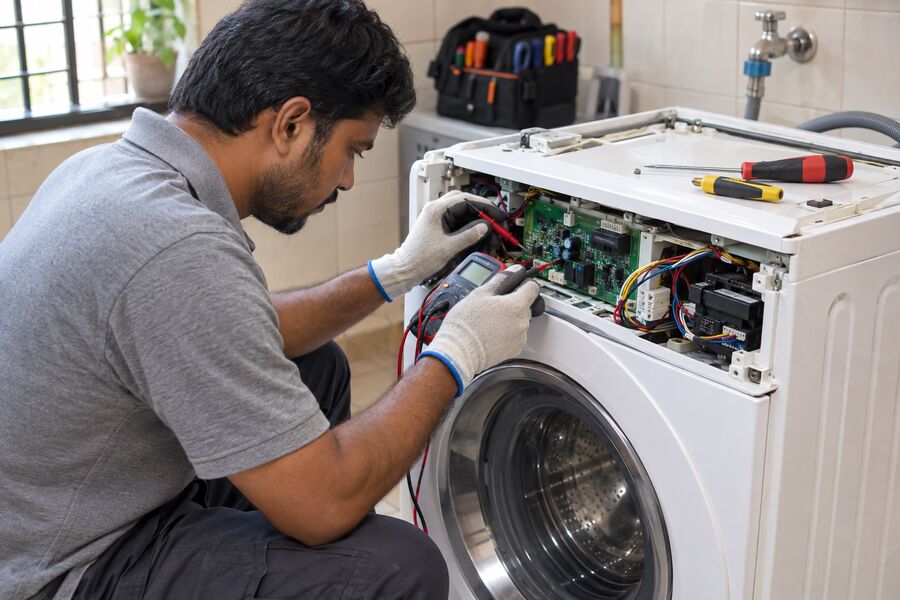 Smart Care Service technician diagnosing a washing machine control board