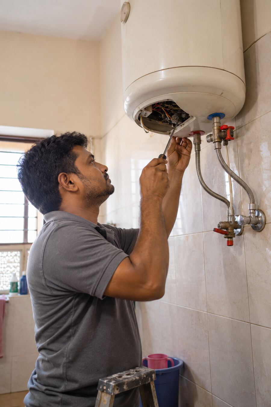 Smart Care Service technician repairing a wall-mounted water heater